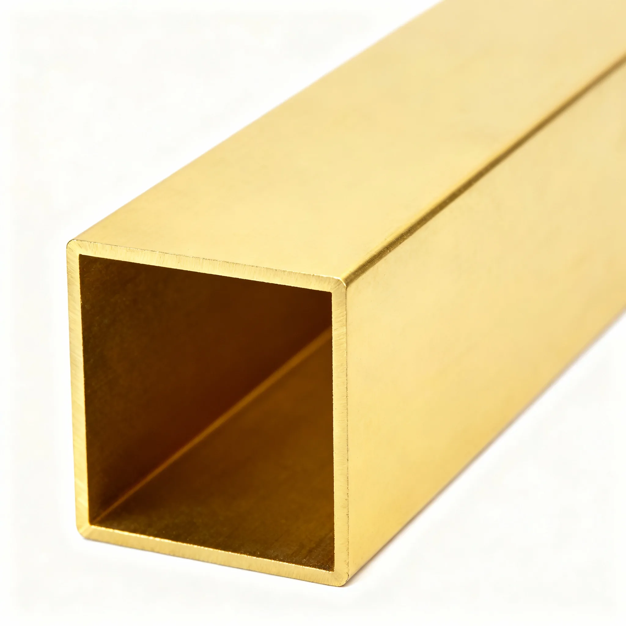 Teava patrata alama CuZn37 CW508L 20x20x2x3000mm finisaj lucios Teava patrata din alama CuZn37 CW508L 20x20x2x3000mm finisaj lucios pe fundal alb